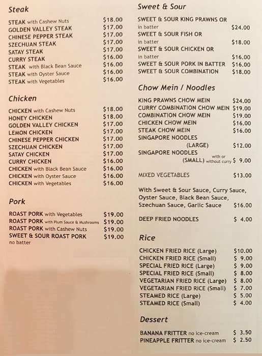 Menu at Golden Valley Chinese Restaurant, Bacchus Marsh