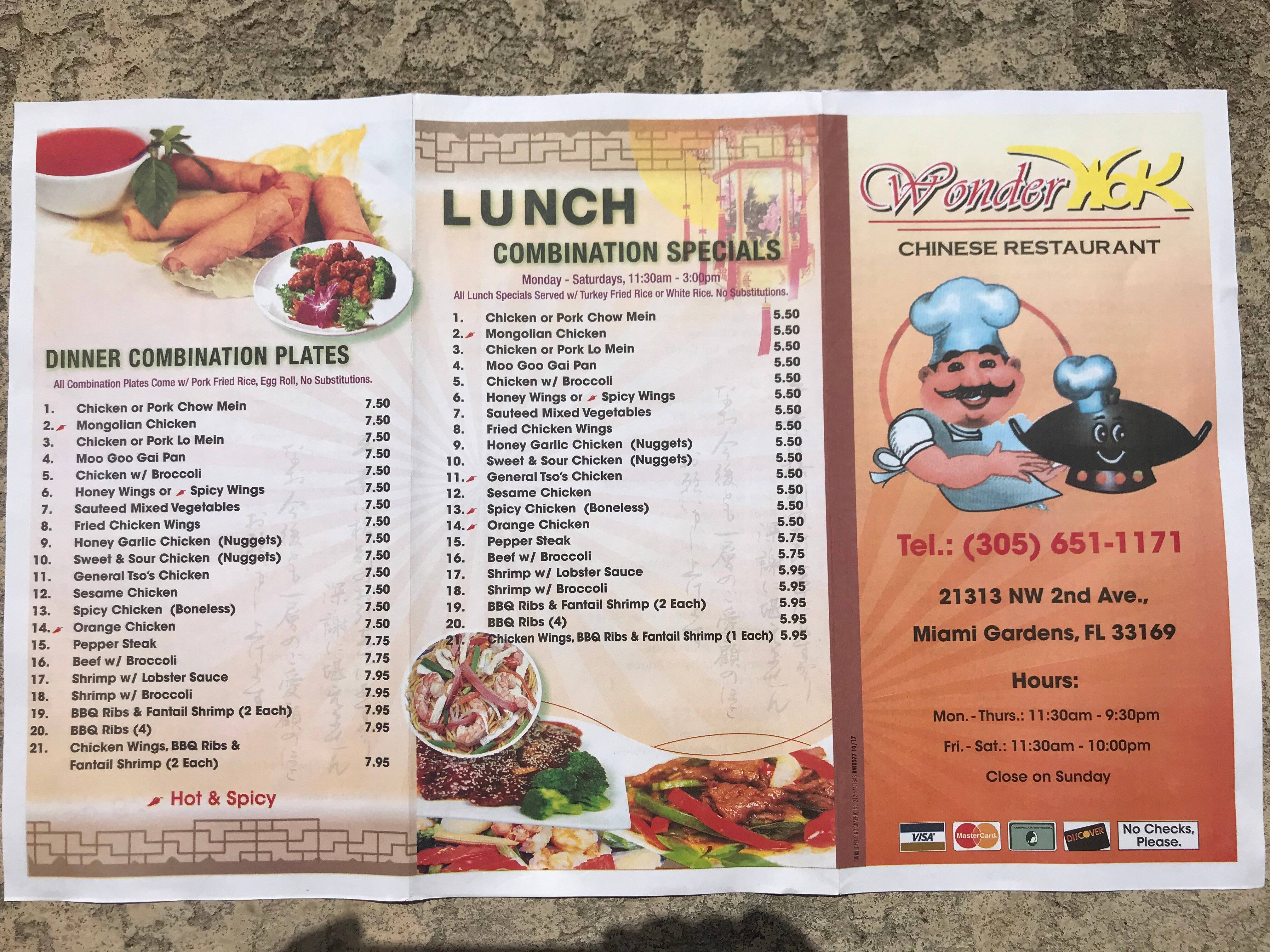 Menu at Wonder Wok restaurant, Miramar