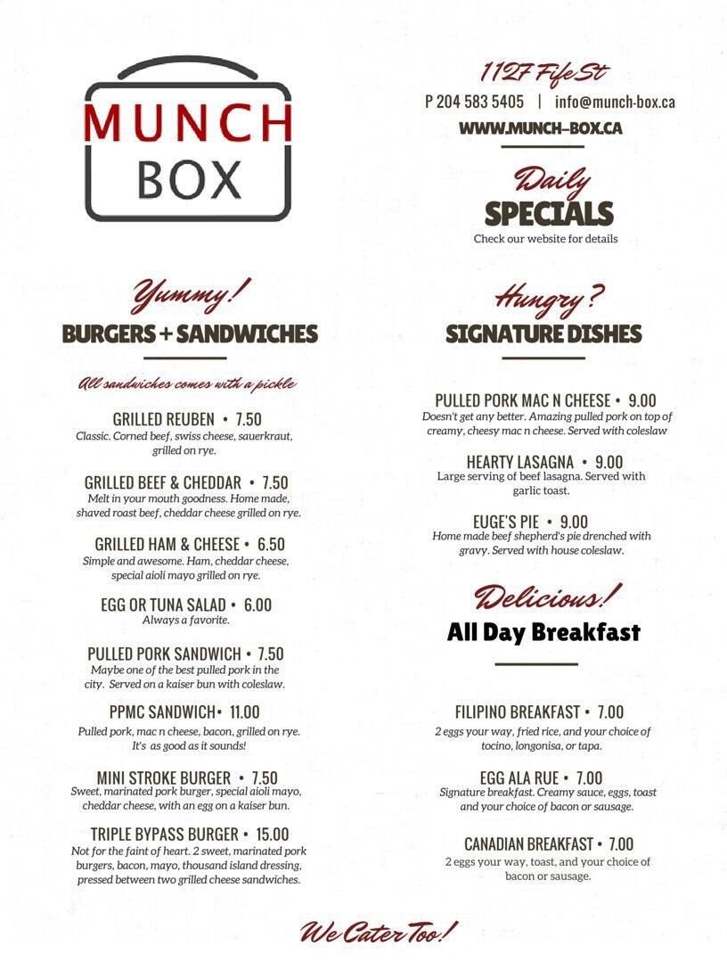 Munch Box Menu, Menu for Munch Box, North End, Winnipeg Urbanspoon/Zomato