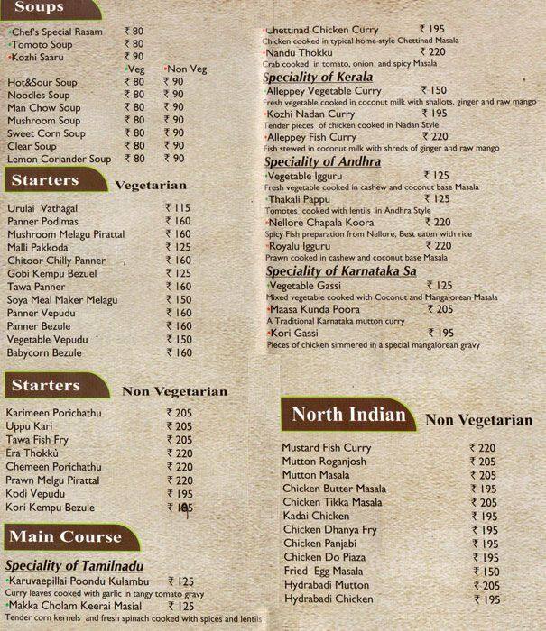 Southern Spices Menu, Menu for Southern Spices, Thiruvanmiyur, Chennai