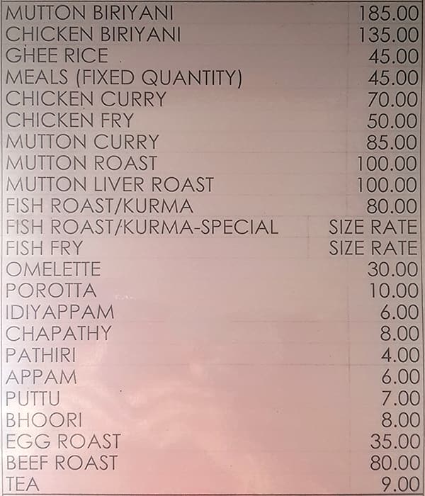 Kayees Rahmathulla Cafe menu