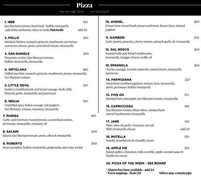 Menu at The Winery Kitchen pizzeria, Seymour