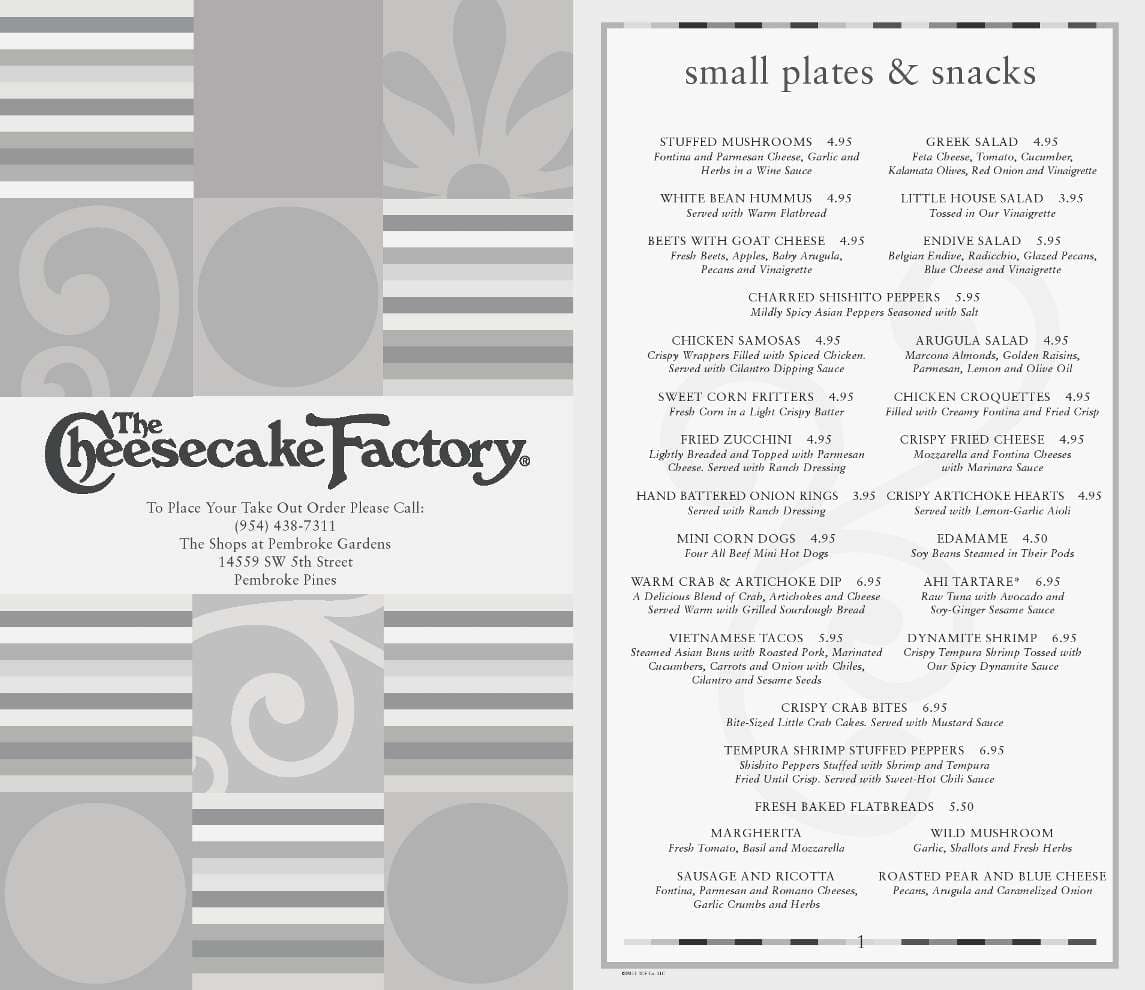 The Cheesecake Factory Menu, Menu v reštaurácii The Cheesecake Factory
