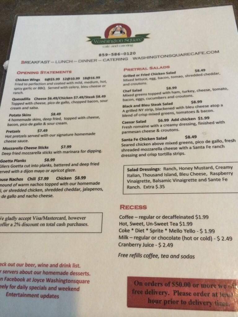 Menu at Washington Square Cafe, Burlington