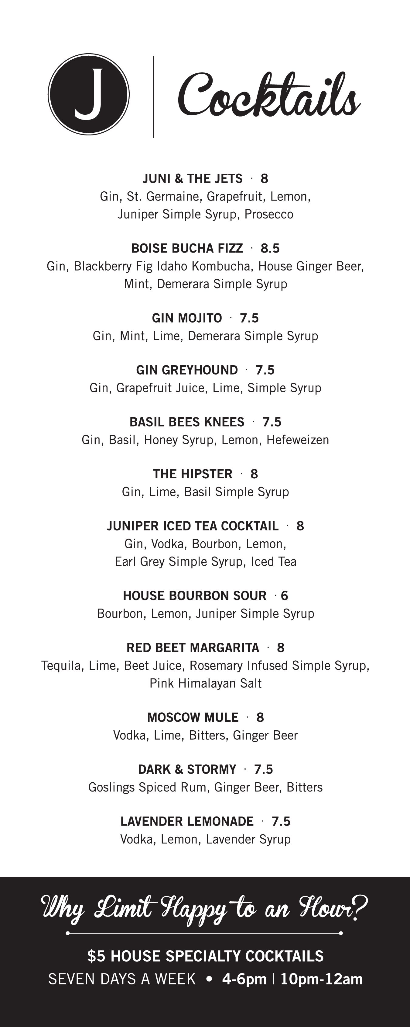 Menu at Juniper pub & bar, Boise