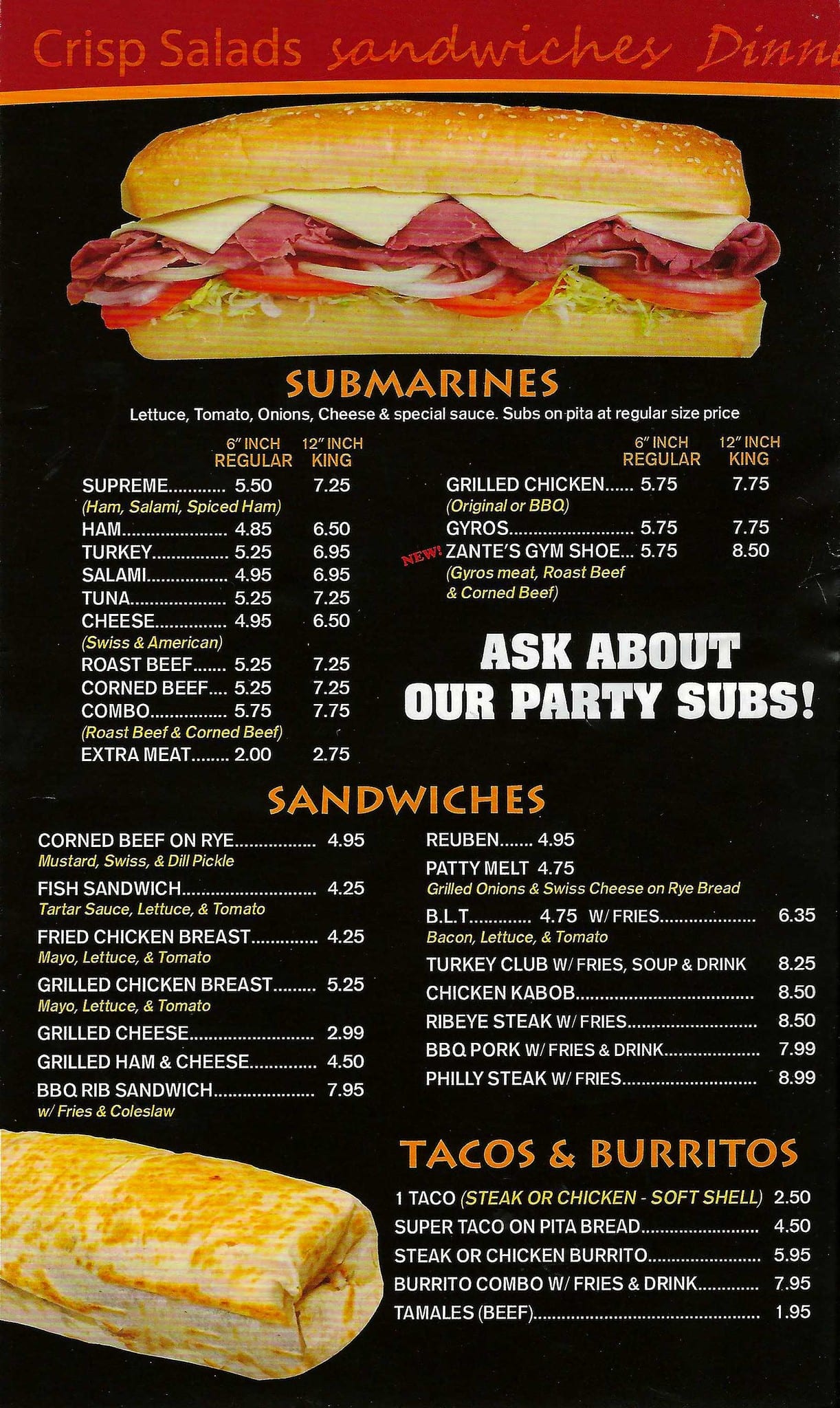 Menu at Zantes Restaurant, Hammond