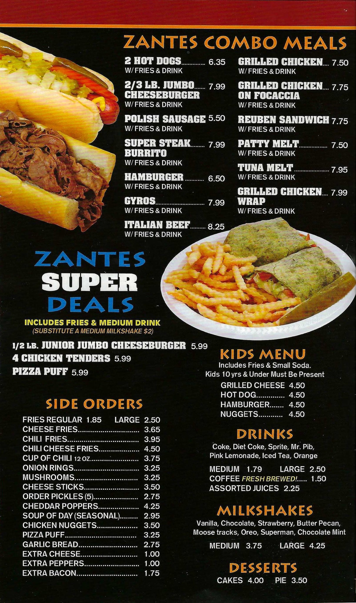 Menu at Zantes Restaurant, Hammond