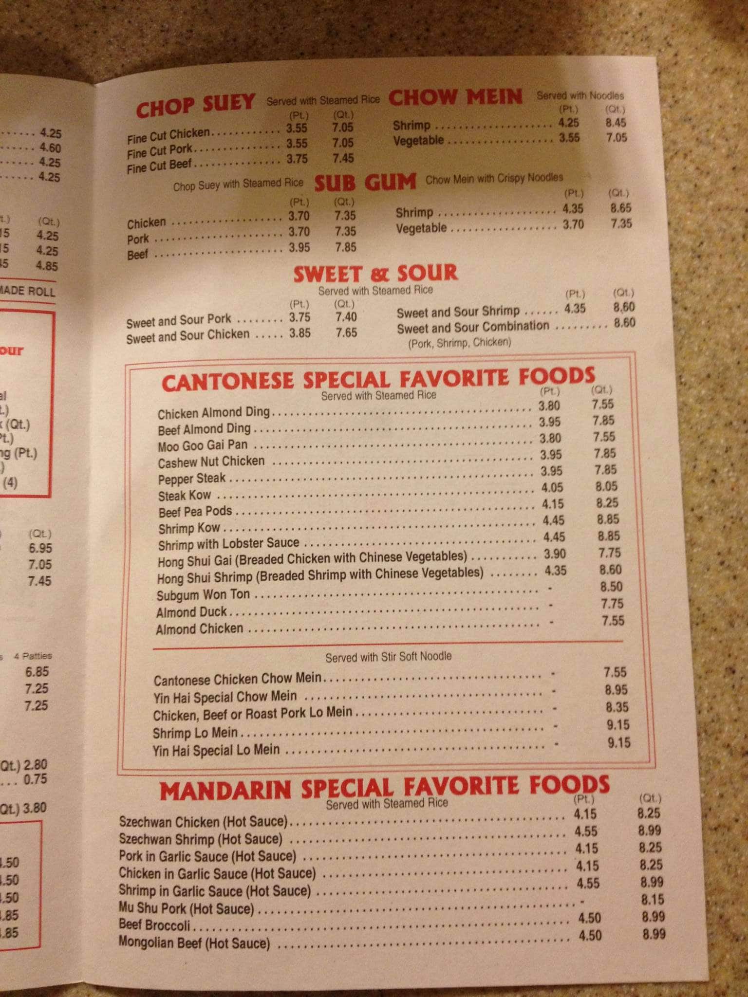 Menu at Yinhai Restaurant, Marshall