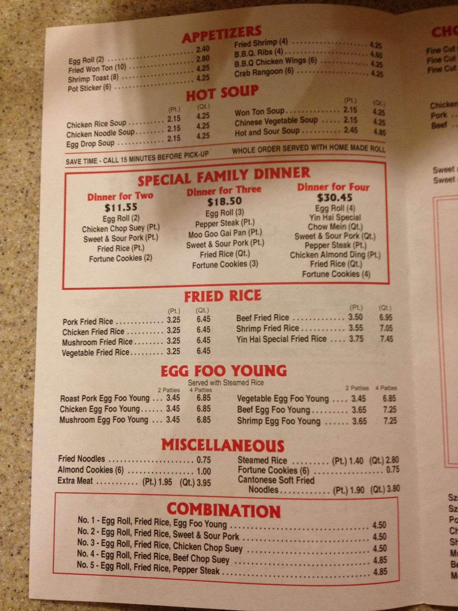 Menu at Yinhai Restaurant, Marshall