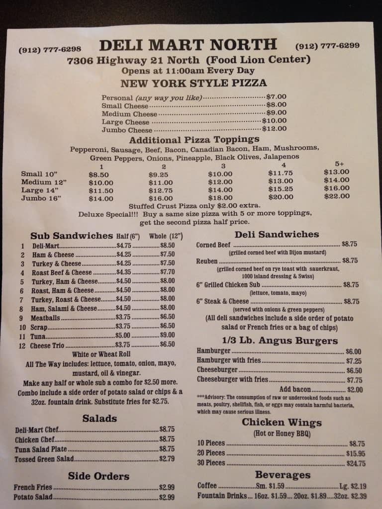 Menu at Deli Mart North restaurant, Port Wentworth