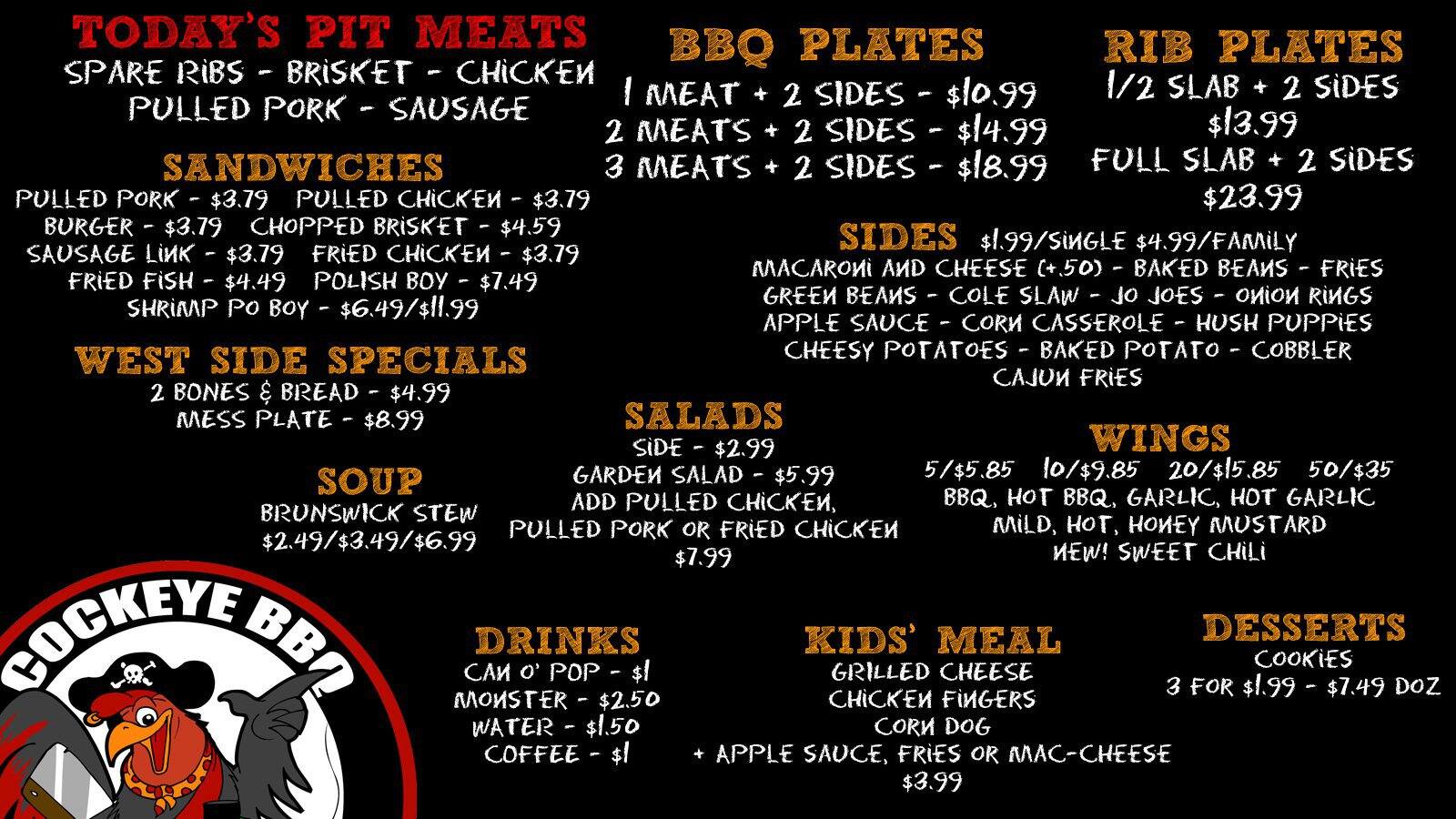 Cockeye BBQ Menu, Menu for Cockeye BBQ, Warren, Youngstown Urbanspoon