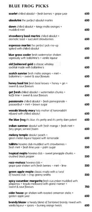 BlueFROG Menu, Menu For BlueFROG, Lower Parel, Mumbai - Zomato