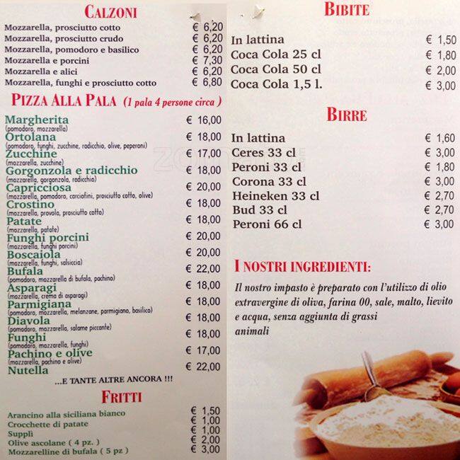 Menu di Pizze Alla Pala 