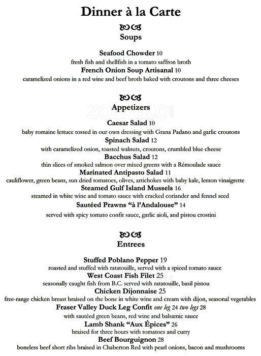 Menu at Bacchus Bistro restaurant, Langley Township