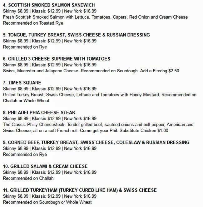 Menu at Katz's restaurant, Houston, 616 Westheimer Rd