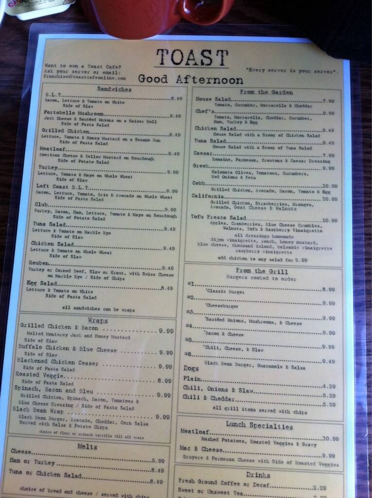 Carta de Toast Cafe, Cary