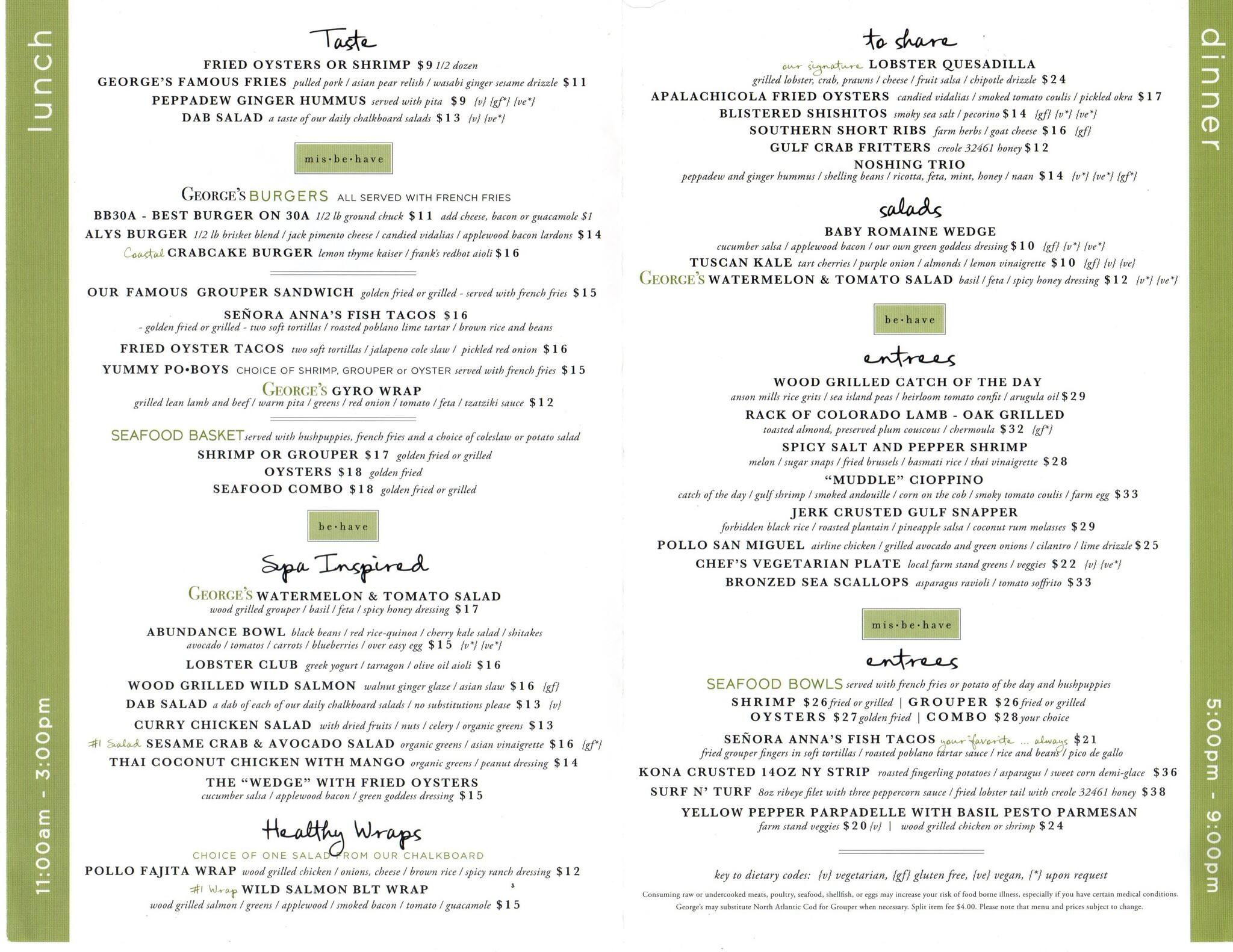 Menu at George's At Alys Beach restaurant, Alys Beach