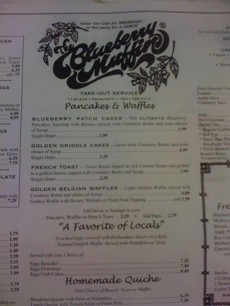 Menu at The Blueberry Muffin restaurant, Indialantic