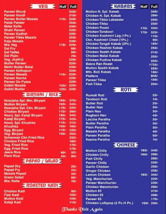 Menu of Noorjaha Restaurant, Civil Lines, Raipur