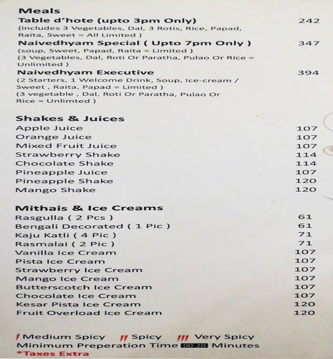 Menu at Naivedhyam Restaurant, Nagpur