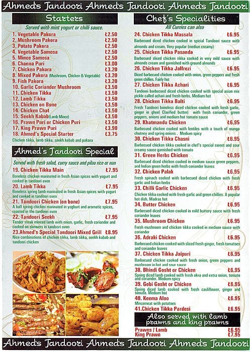 Ahmed's Tandoori Menu, Menu for Ahmed's Tandoori, Leith, Edinburgh ...