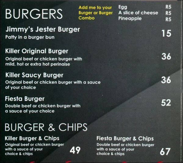 Menu at Jimmy's Killer Fish and Chips restaurant, Umhlanga, Umhlanga Plaza