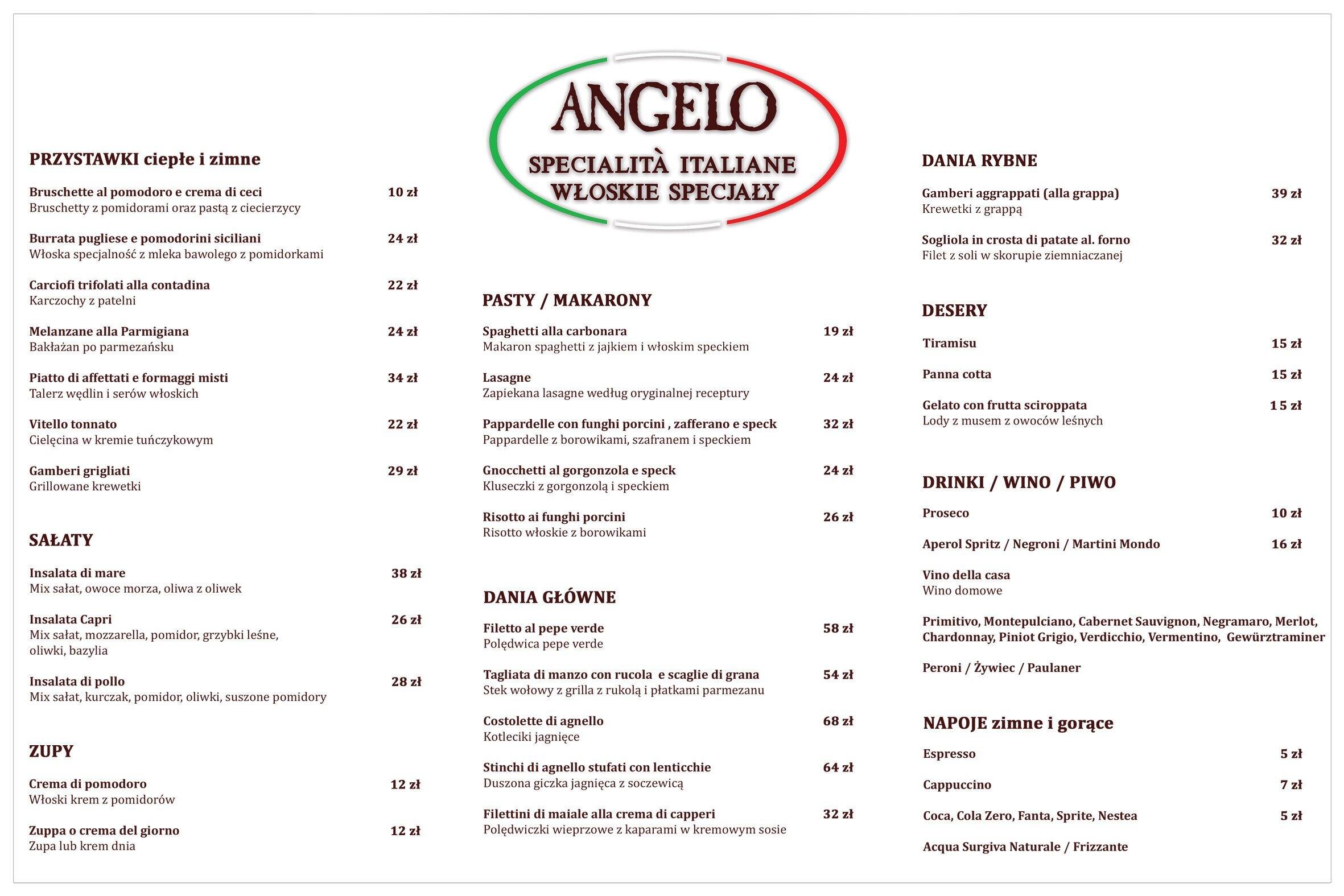 Angelo Ristorante Restauracja Włoska menu Gastronauci/Zomato