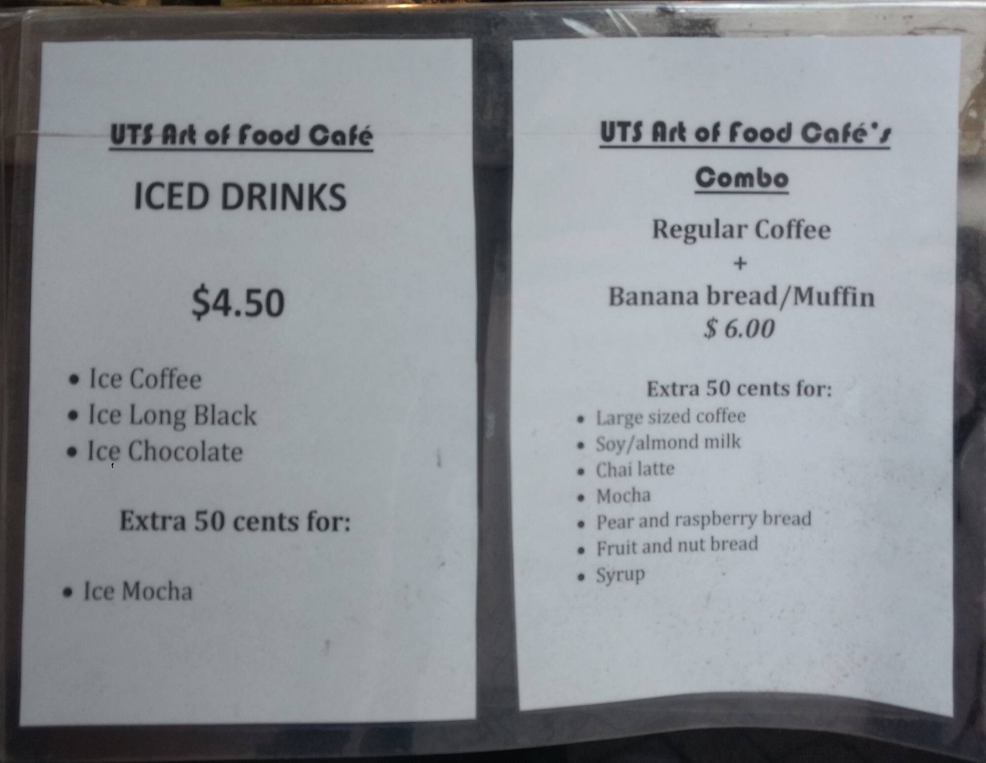 Menu at UTS Art of Food Cafe, Haymarket, 159 Quay St