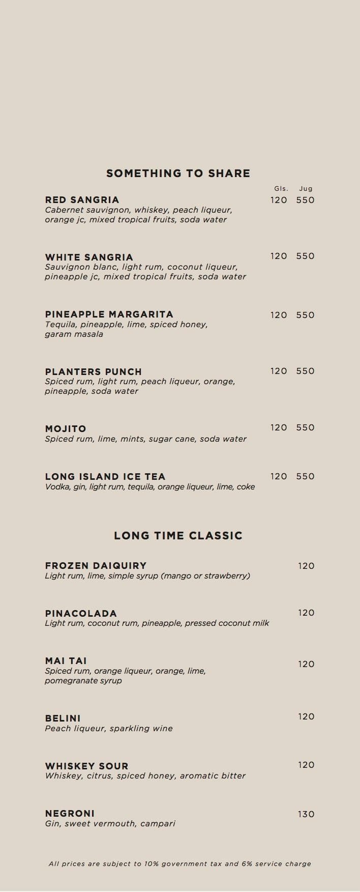 Mano Beach House Menu