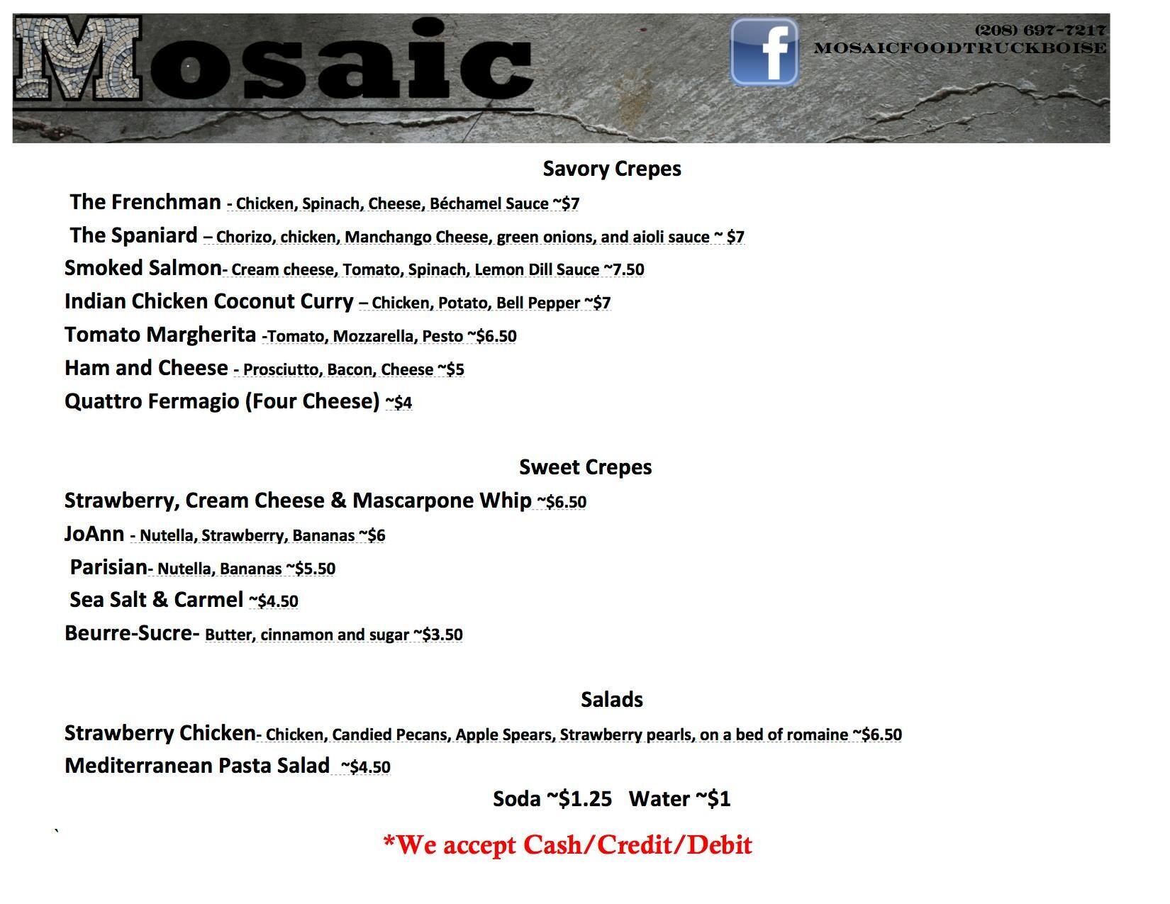 Menu at Mosaic World Crepes, Boise