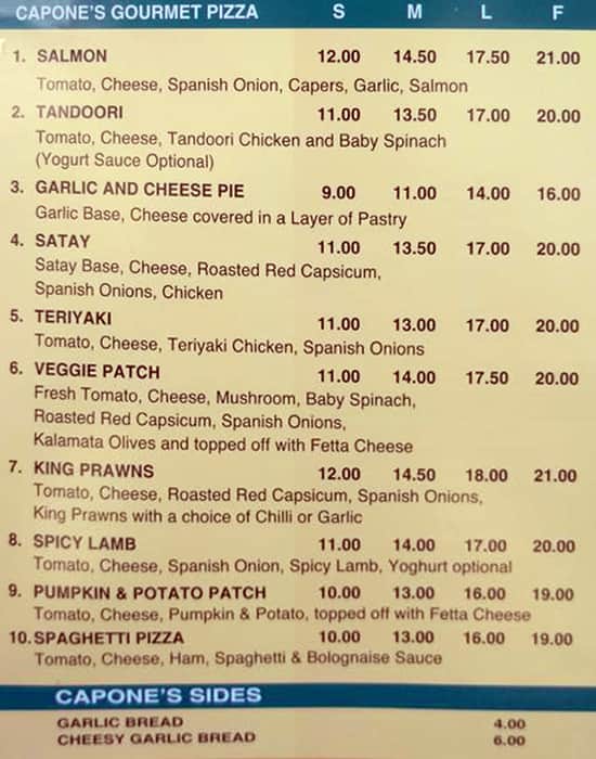 Menu of Capone's Pizza & Pasta, Research, Melbourne
