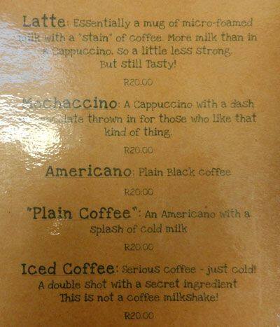Hand Made Coffees menu