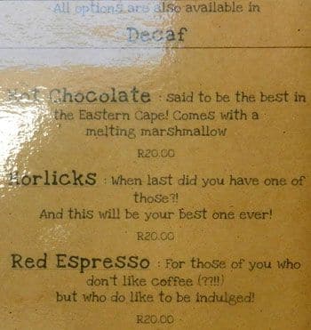 Hand Made Coffees menu