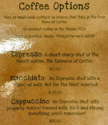 Hand Made Coffees menu