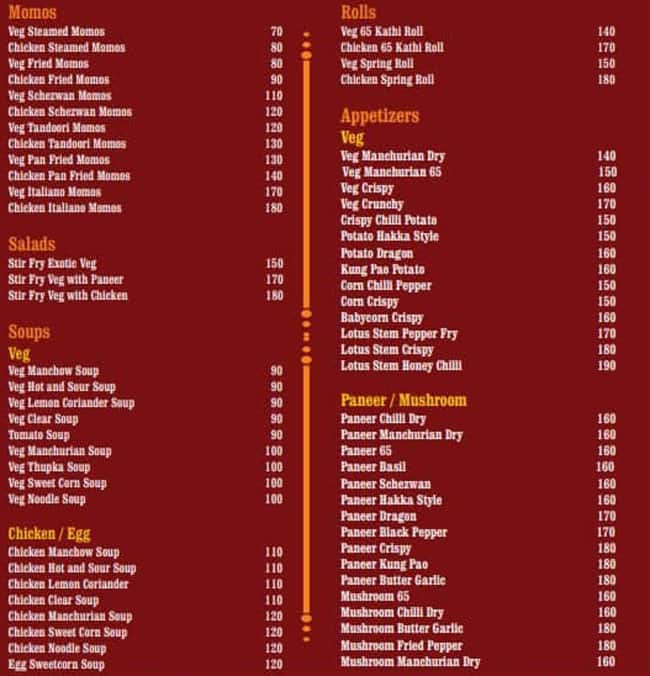Cady Chinese menu