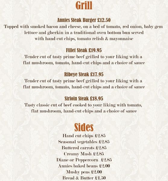 Menu at Annies restaurant, Manchester, 5 Old Bank St