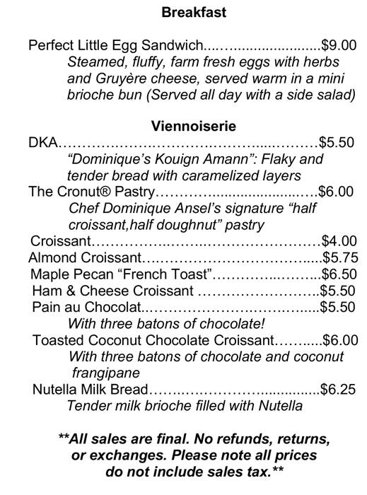 Menu At Dominique Ansel Bakery New York City