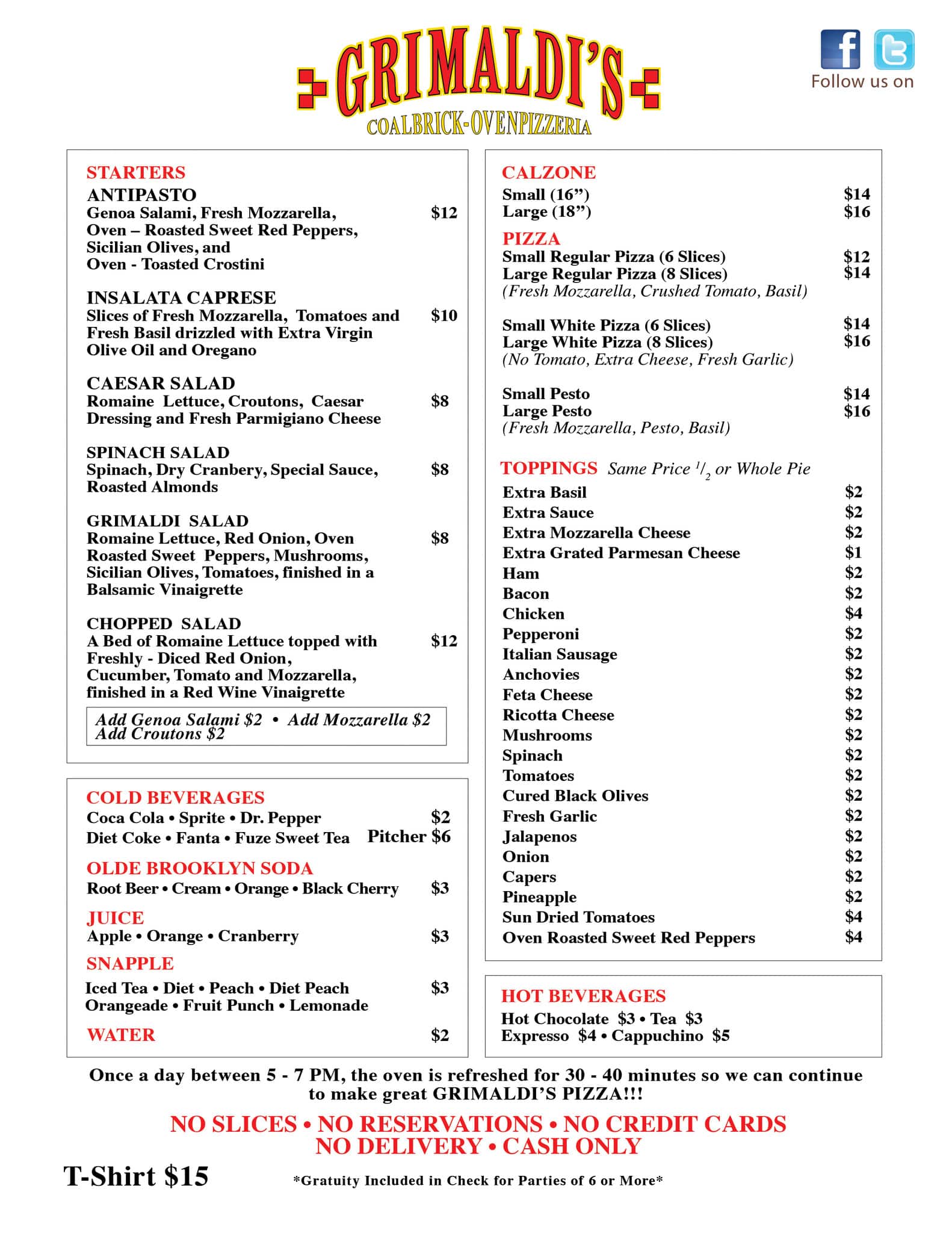 Menu at Grimaldi's pizzeria, New York City, Surf Ave