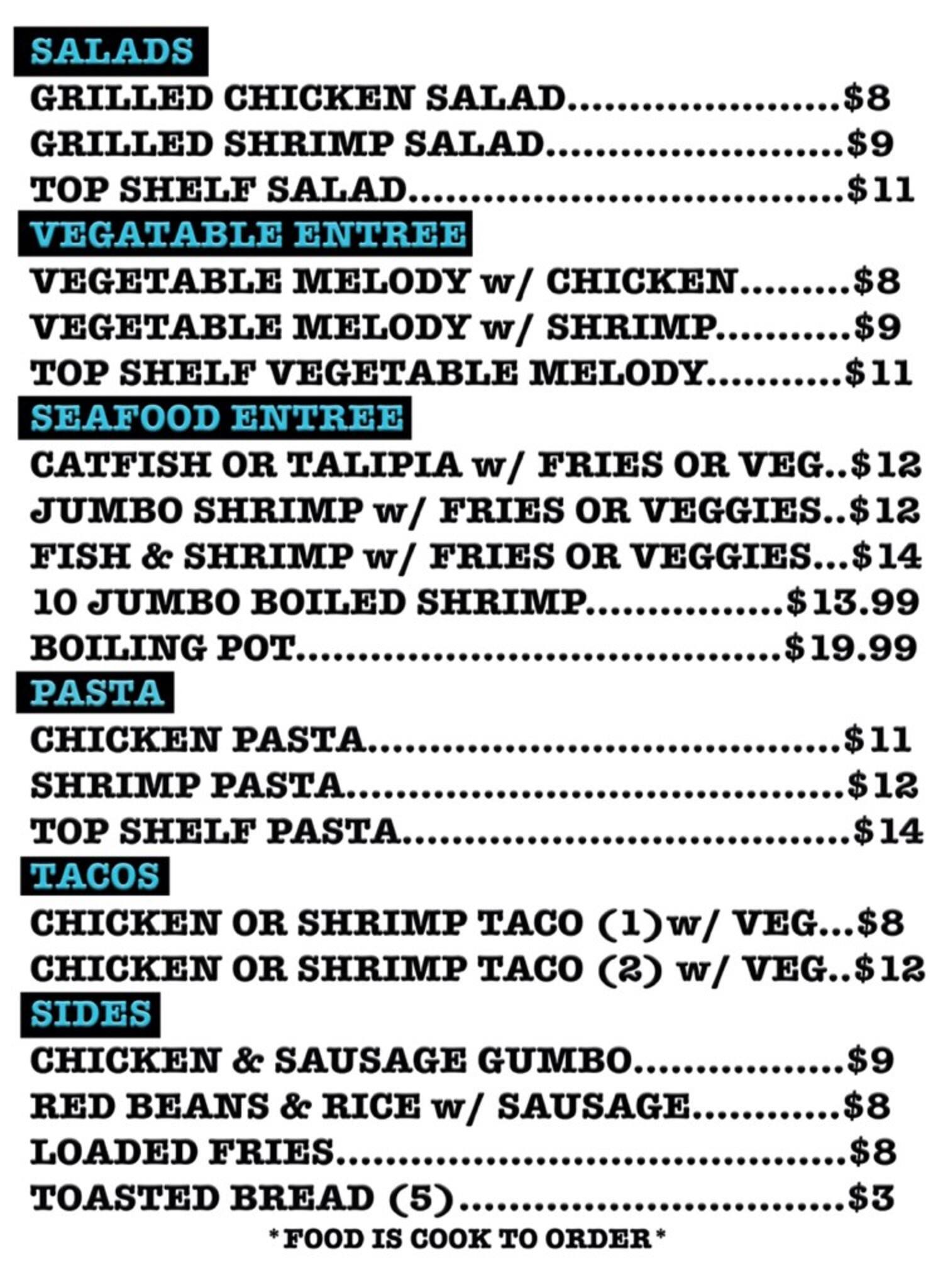 Menu at Top Shelf Cajun pub & bar, Rosenberg