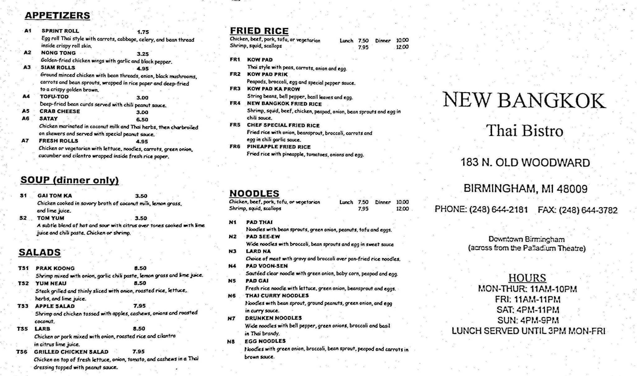 New Bangkok Thai Bistro a Detroit Foto del Menu con Prezzi