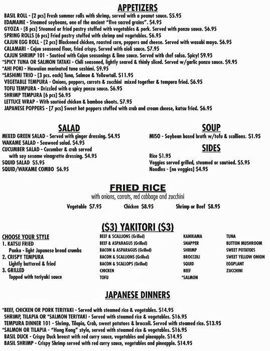 Menu for Sushi 101, Matthews, Charlotte