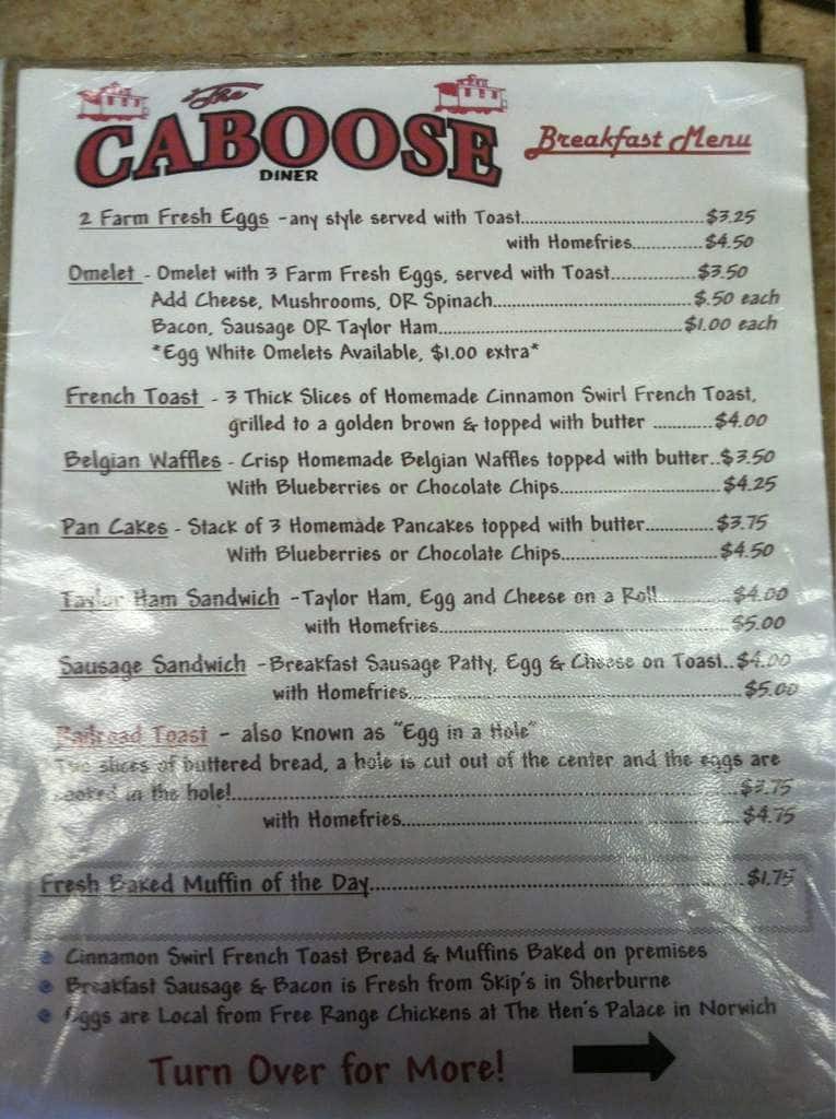 The Caboose Diner Menu, Menu for The Caboose Diner, Norwich, Norwich
