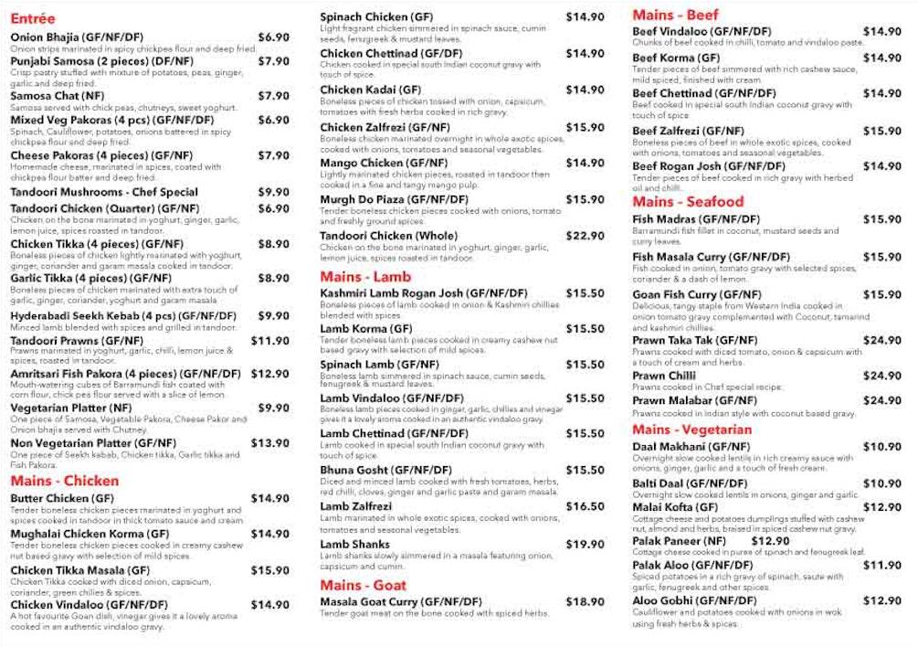 Tomatoes Indian Cuisine Menu, Menu v reštaurácii Tomatoes Indian
