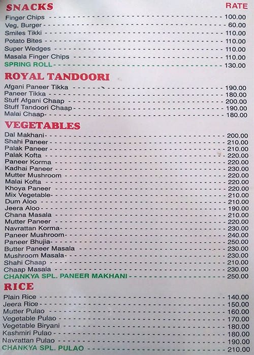 Chankya Restaurant menu