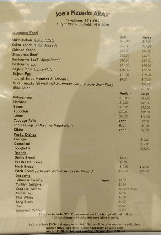 Menu at Joe's Pizzeria Arax, Lindfield