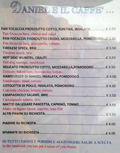 Menu di Daniel e il Caffè Milano 