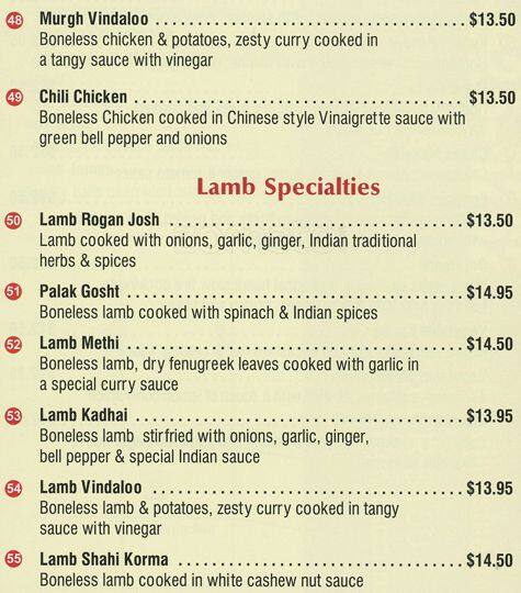 Carta de Handi Indian Restaurant, West Vancouver, Bellevue Ave