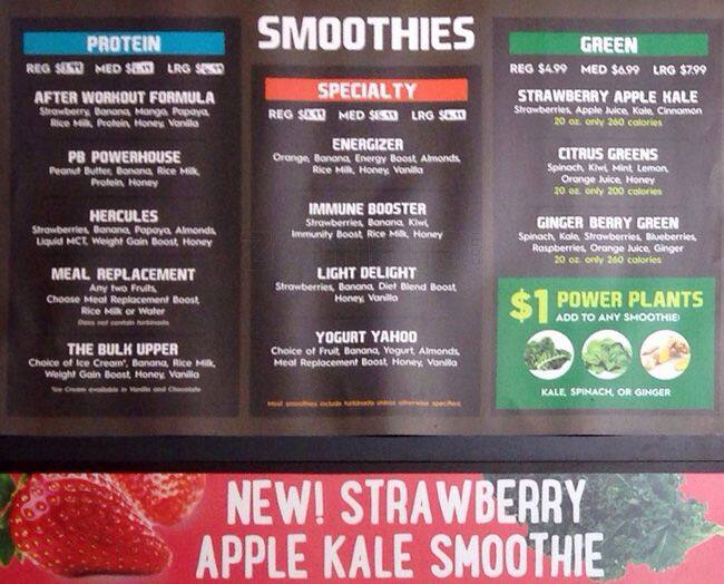 Smoothie Factory Menu, Menu podniku Smoothie Factory, East Oak Hill
