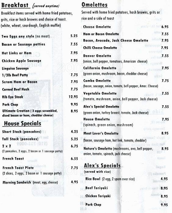Menu at Alex's Giant Burger restaurant, San Pablo