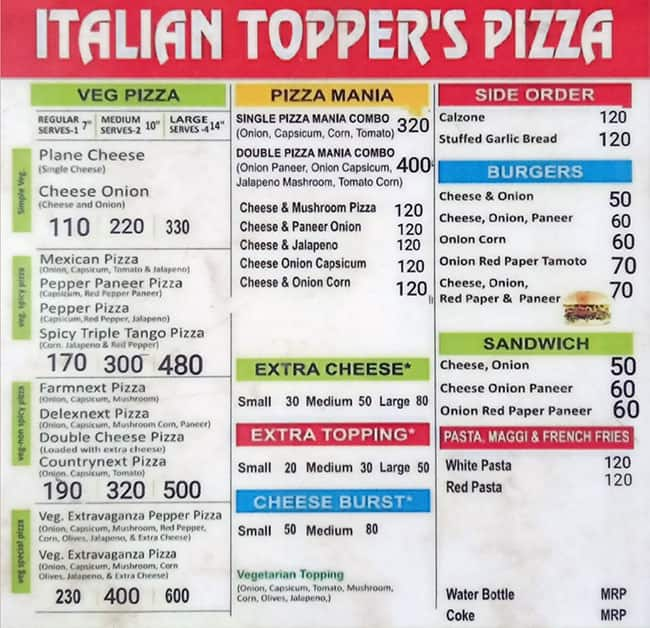 Toppers 2024 pizza menu